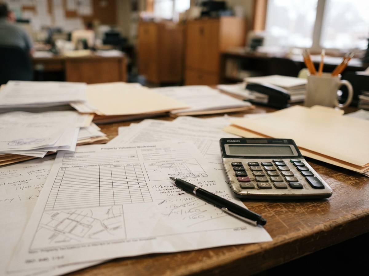 A close up of property tax assessment paperwork and a calculator on a desk.