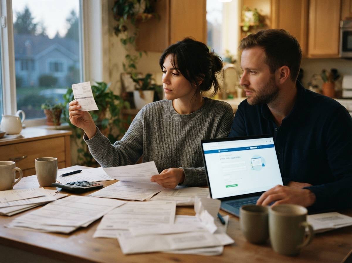 A couple at their kitchen table sorts pay stubs and bank statements while working on a mortgage application.