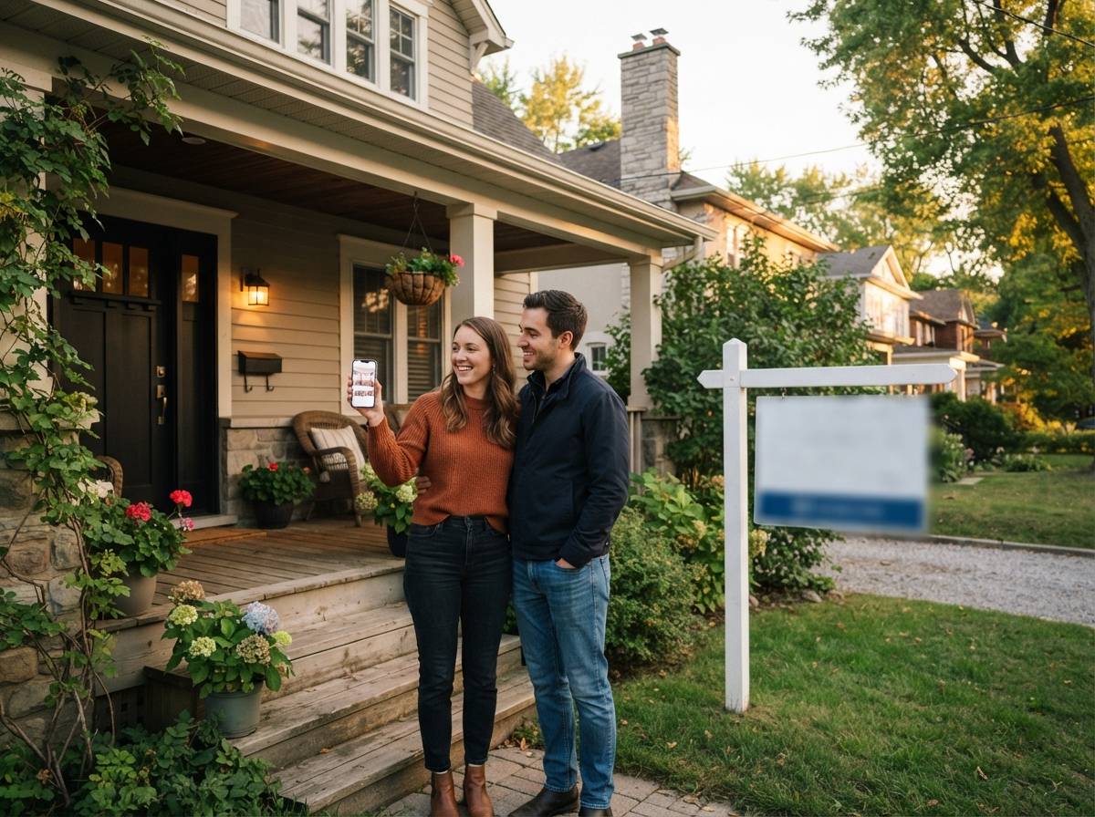 A couple compares a phone listing photo to a house they are viewing in person.