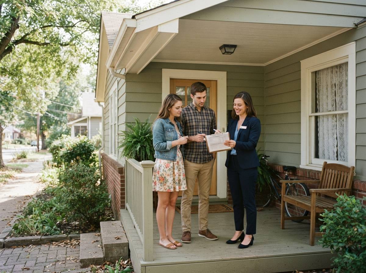 A couple reviewing paperwork with a real estate agent on the porch of a starter home.