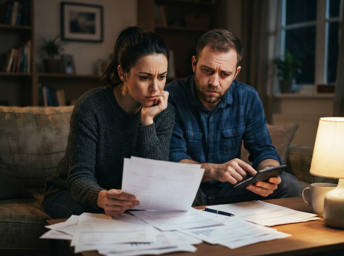 A couple reviews loan paperwork and a calculator while discussing an owner financing agreement at home.