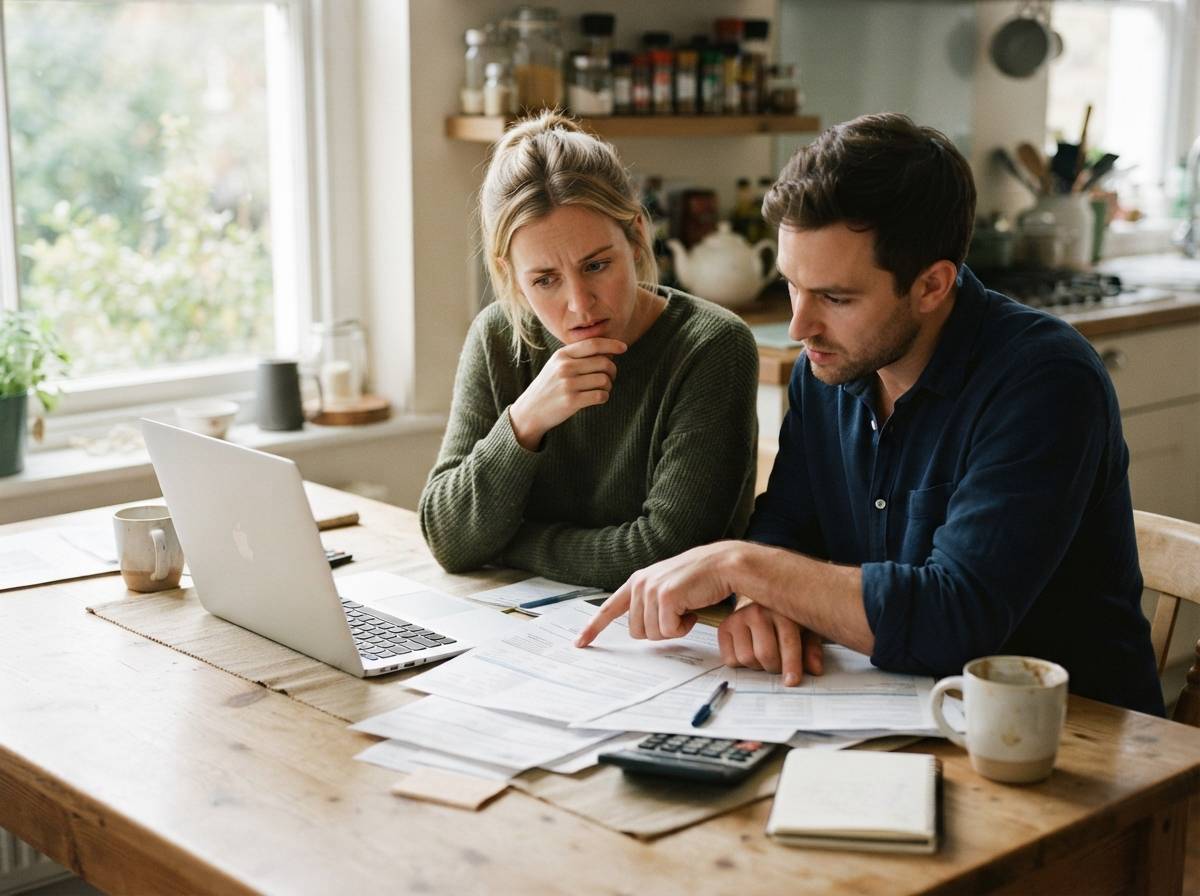 A couple reviews mortgage documents and a laptop screen together at their kitchen table.