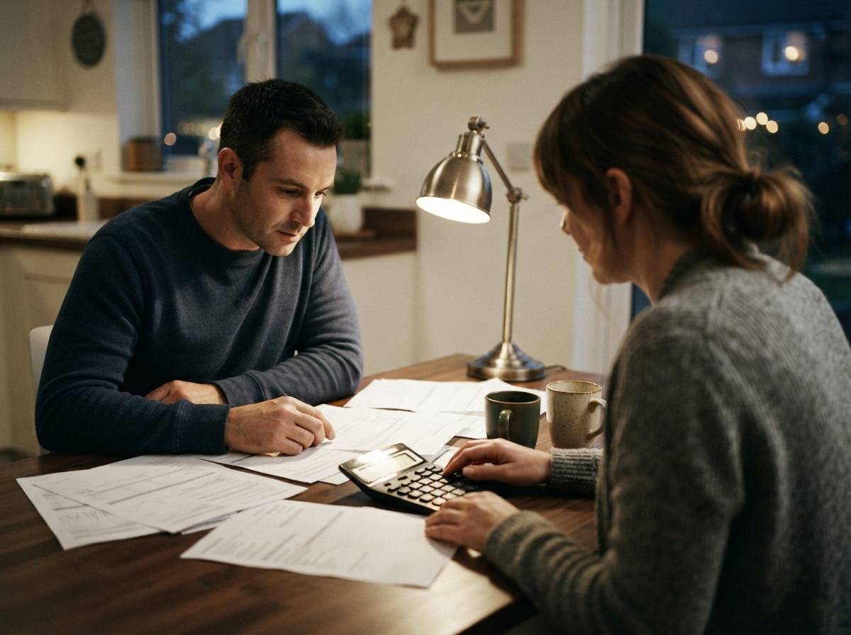 A couple sits at a kitchen table reviewing mortgage documents and a calculator in the evening.