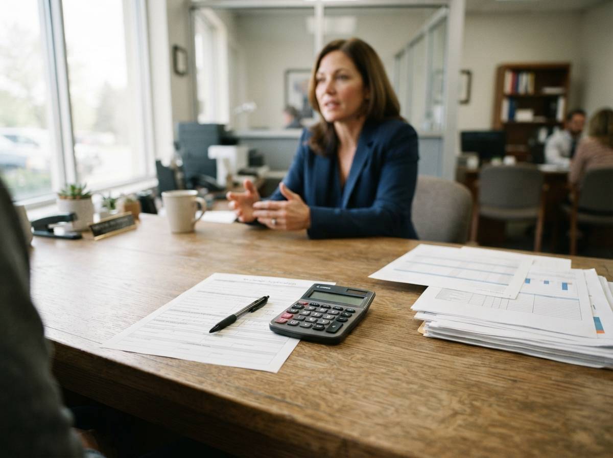 A desk with printed mortgage rate sheets, a calculator and a loan application form.