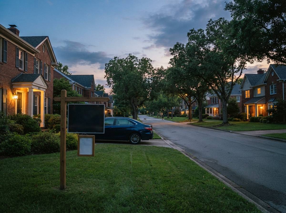 A for sale sign stands in front of a suburban home as evening falls on the street.