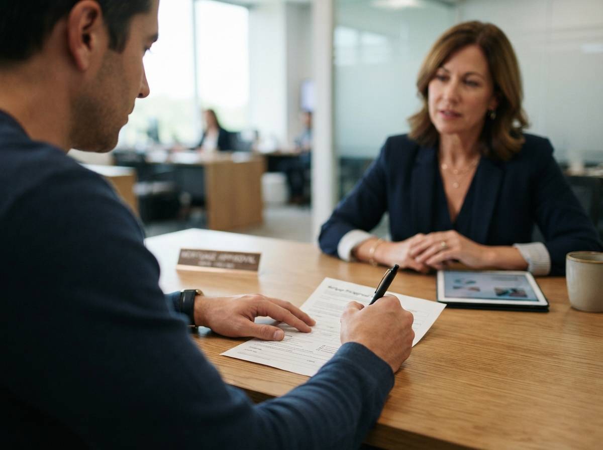 A hand fills out mortgage paperwork at a bank office desk.