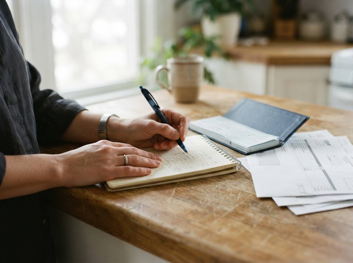 A homeowner calculates monthly expenses next to a mortgage statement on a kitchen counter.