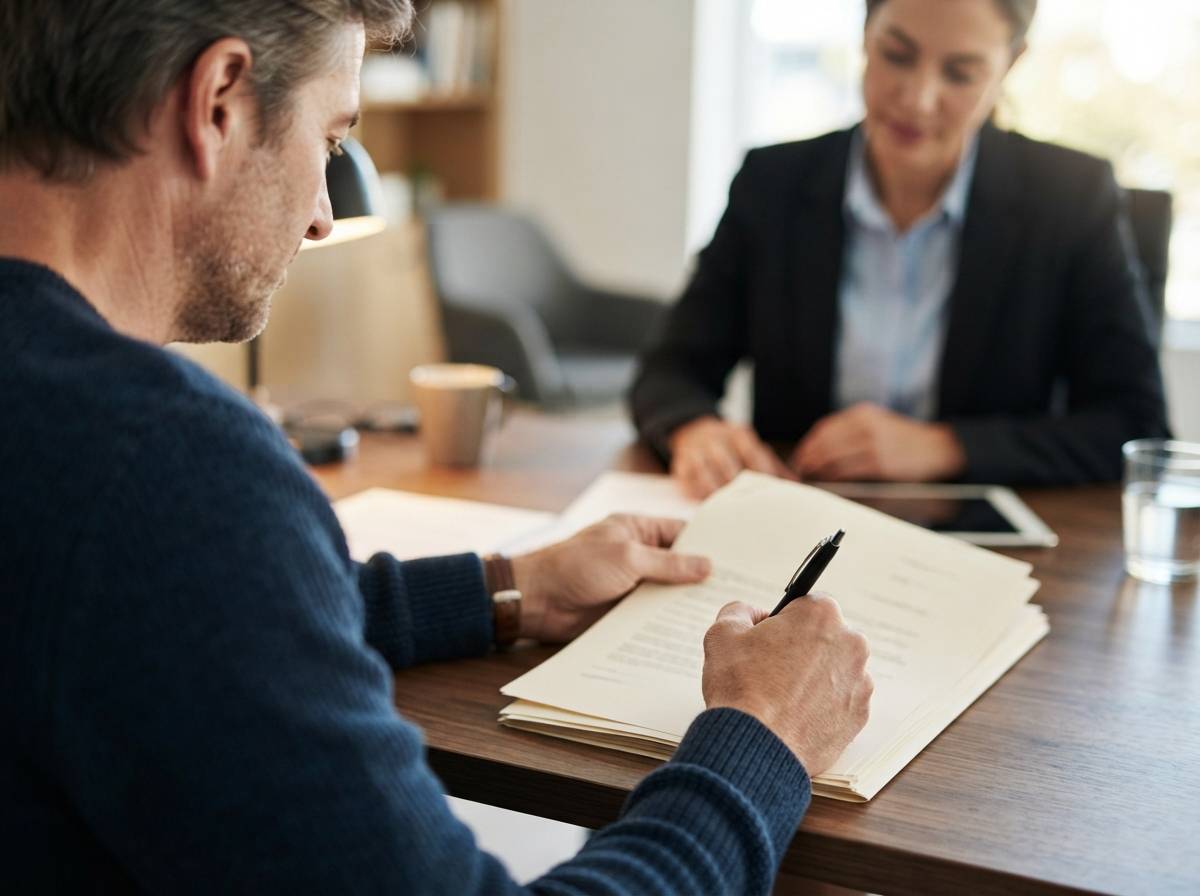 A homeowner signs second mortgage loan documents at a lender's office.