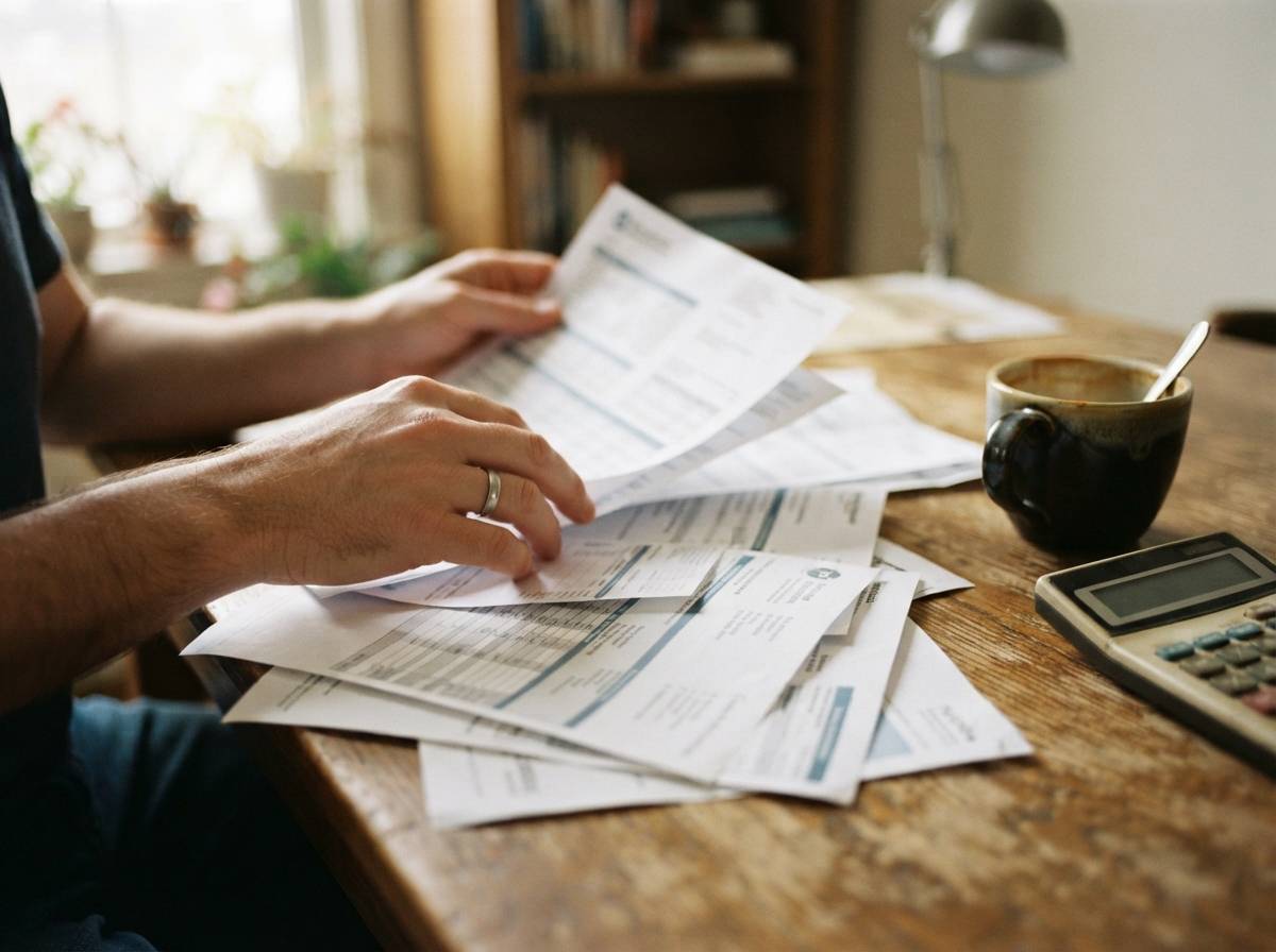 A homeowner sorts through mortgage and line of credit statements on a desk.