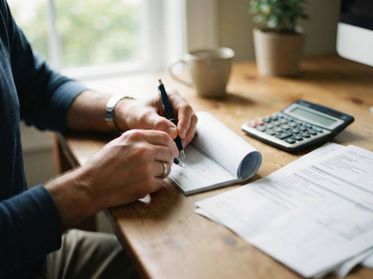 A homeowner writes a check at a desk with a mortgage statement nearby.