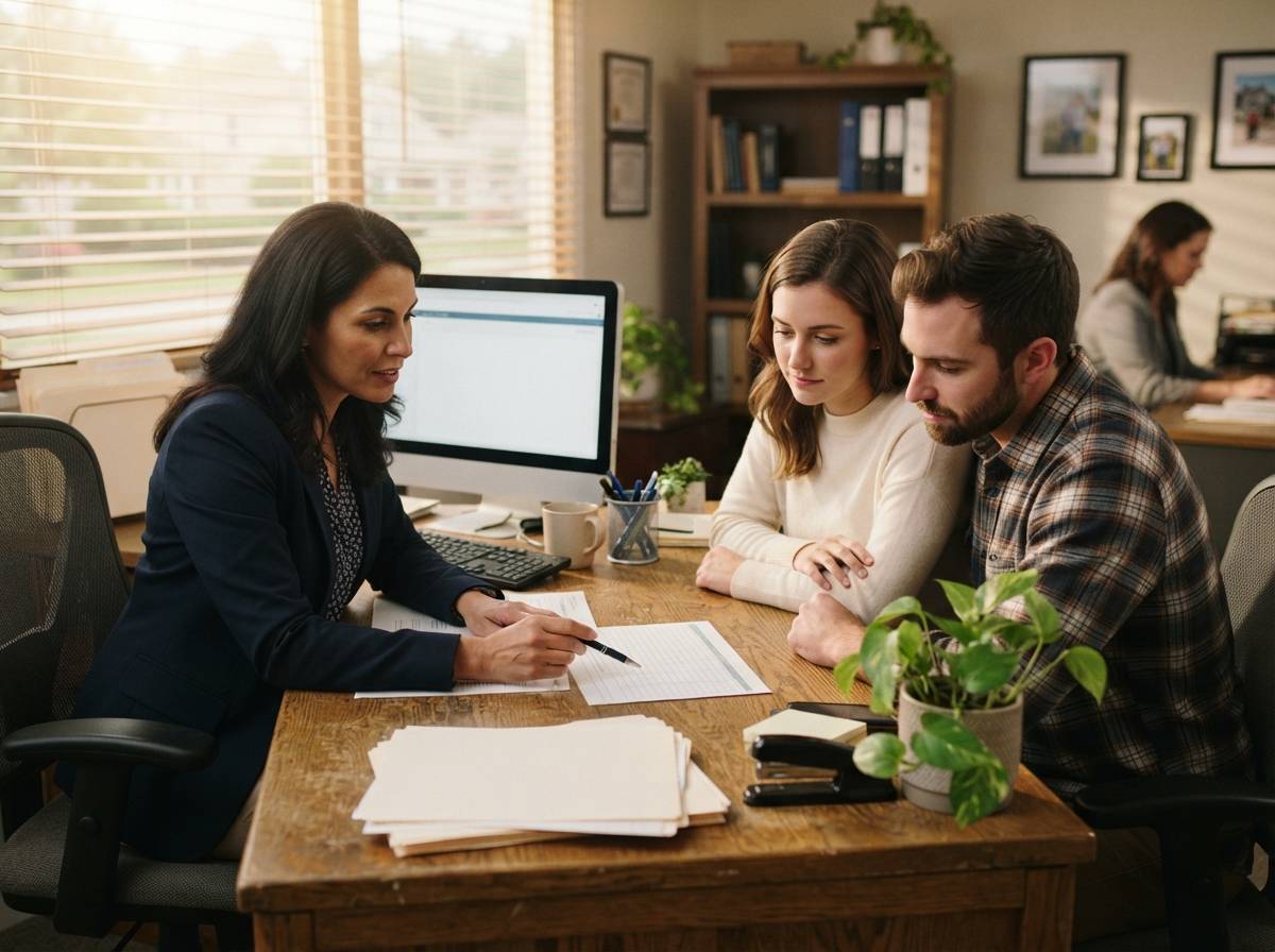 A loan officer discusses current mortgage rates with a homebuyer in an office.