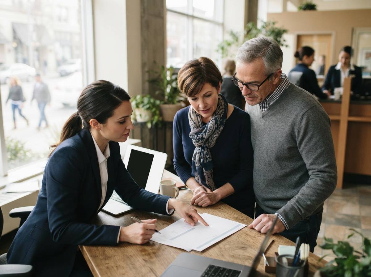 A loan officer explains a mortgage rate sheet to a couple seated at a bank desk.
