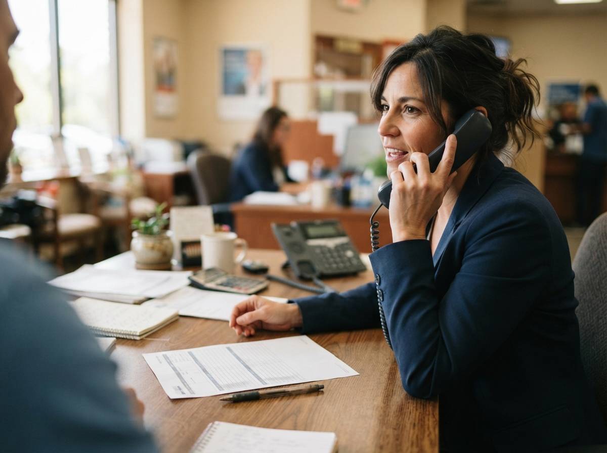 A loan officer's desk with a printed mortgage rate sheet and phone during a client call.