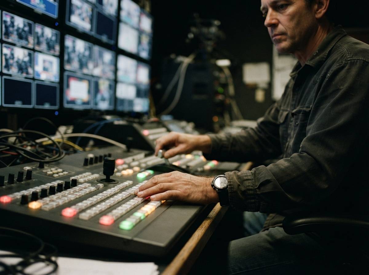 A technical director working at a control board with multiple live camera feed monitors in a broadcast control room.