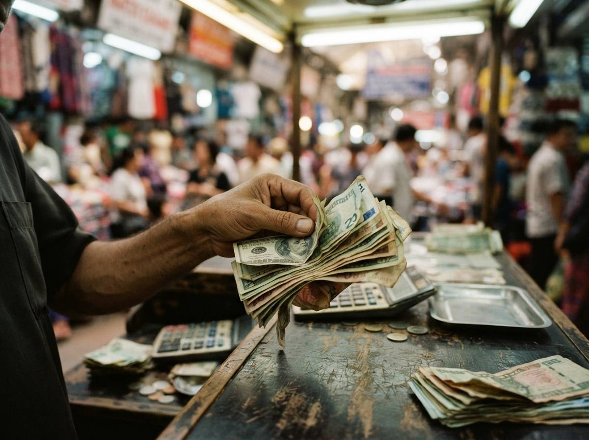 A wire service editor reviews international news dispatches at a busy newsroom desk.