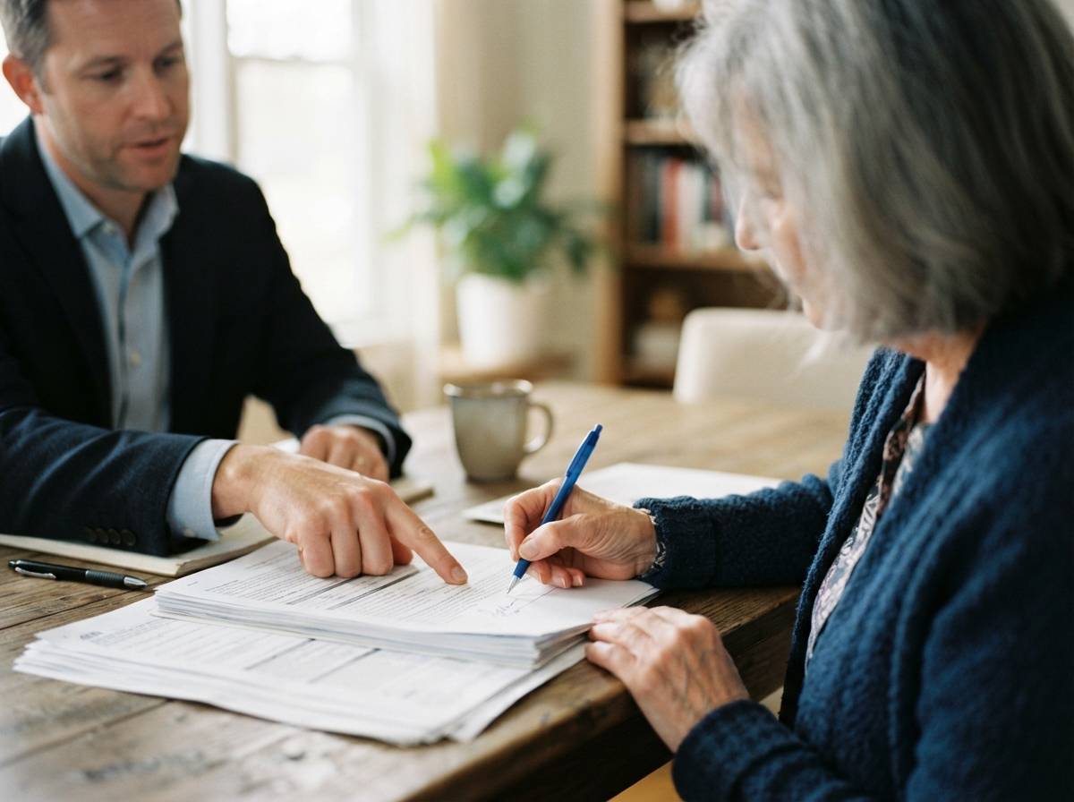 An elderly homeowner reviews and signs reverse mortgage paperwork at a dining table with a loan officer.