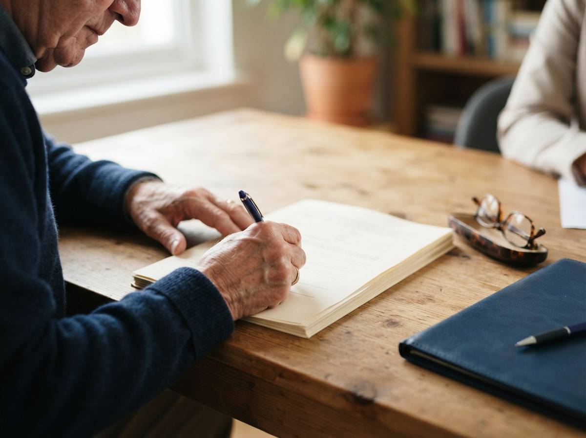 An older homeowner discusses documents with an advisor across a desk in a home office.