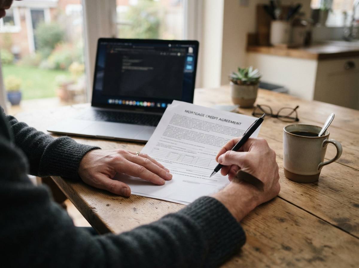Close up of a homeowner reviewing mortgage rate figures on a printed credit agreement.