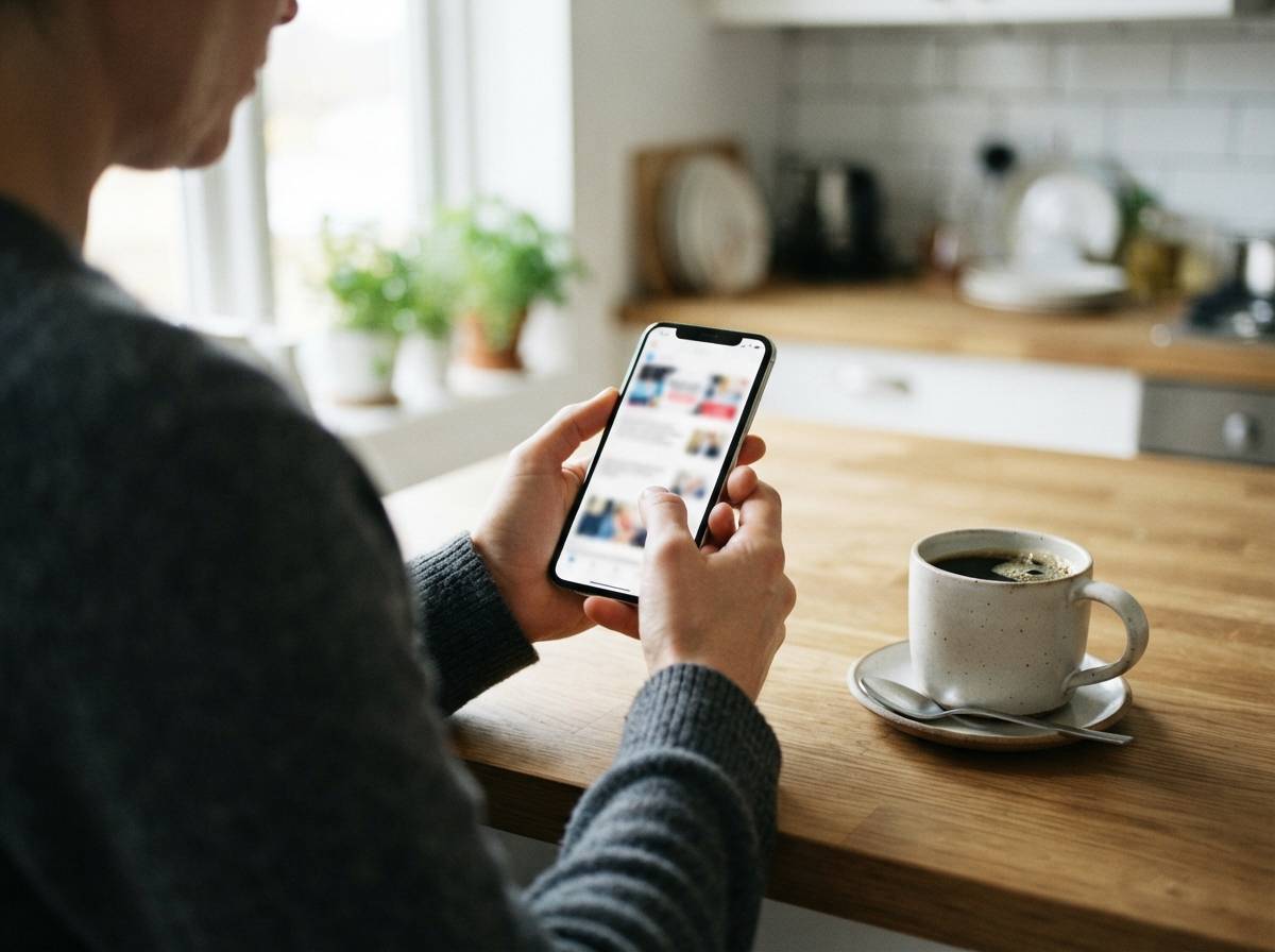 Close up of hands holding a phone showing a news feed with a house and for sale sign blurred in the background.