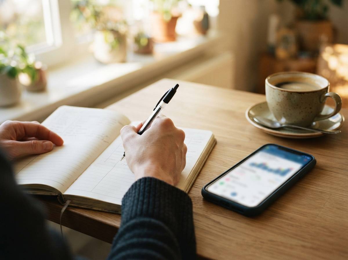 Close up of hands writing in a budget notebook beside a phone and coffee cup on a kitchen table.